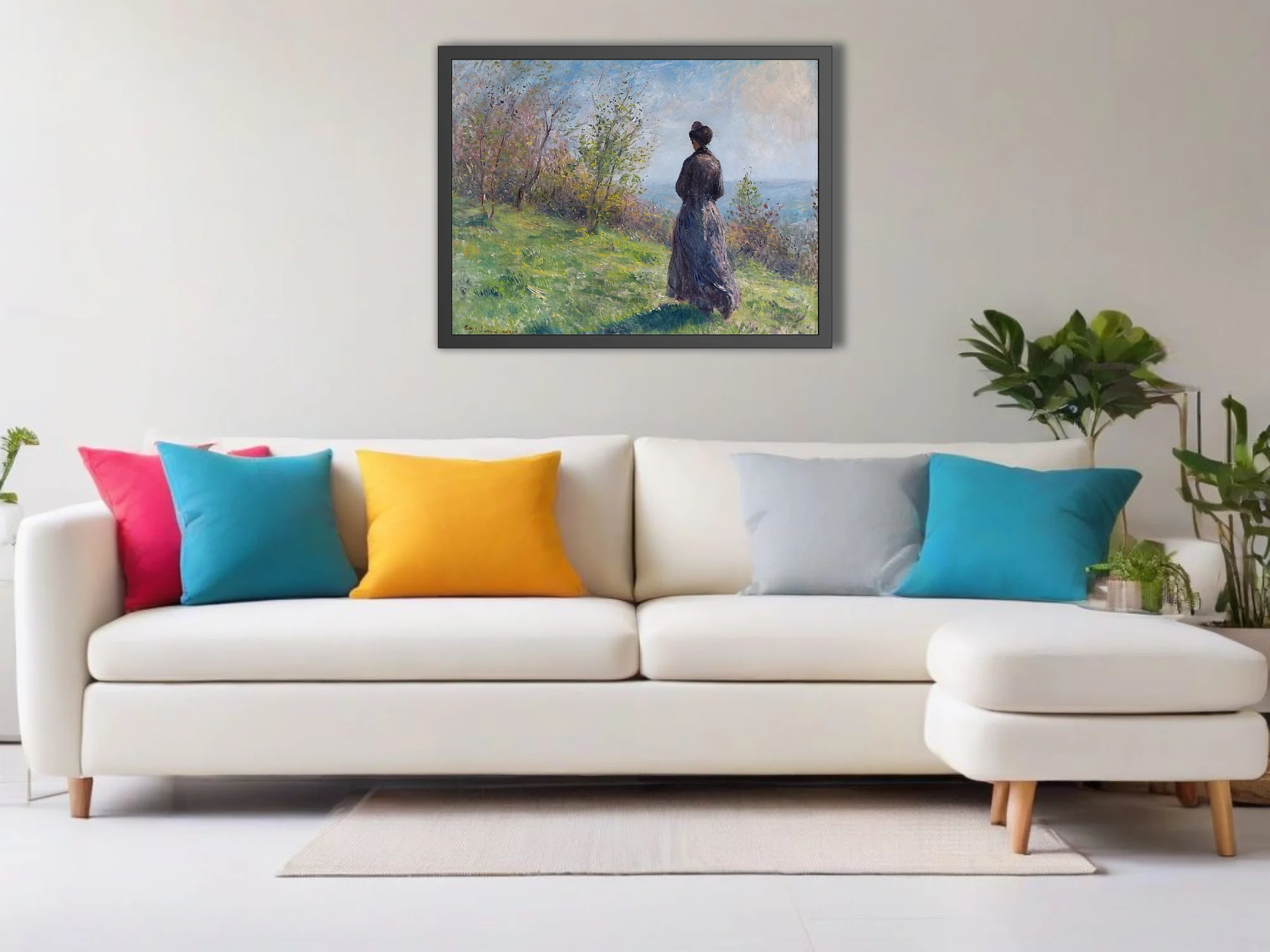 Soft painterly meadow scene with a woman in period dress, soft pastels and fresh greens, plein-air light