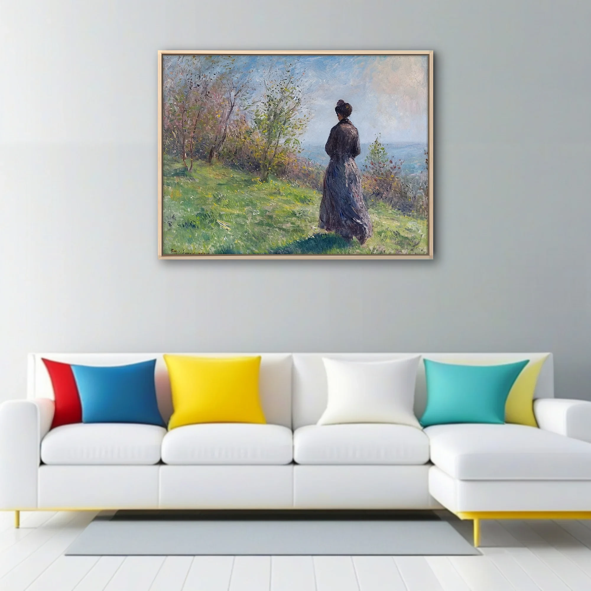 Soft painterly meadow scene with a woman in period dress, soft pastels and fresh greens, plein-air light