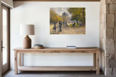 Soft painterly city stroll with figures, period architecture, golden and blue autumnal palette