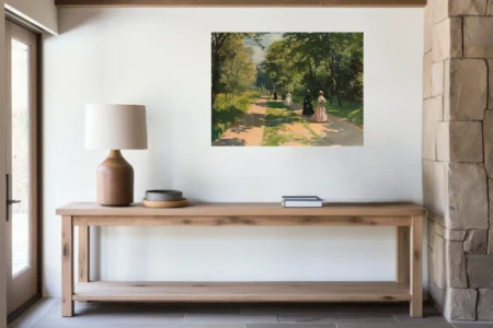 Soft painterly park promenade with Victorian figures, sun-dappled path, green canopy, rose and ivory tones