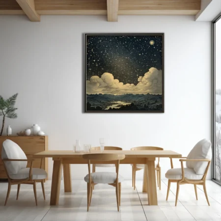 Vintage engraving-style starry night sky with clouds and mountain landscape, deep indigo and gold