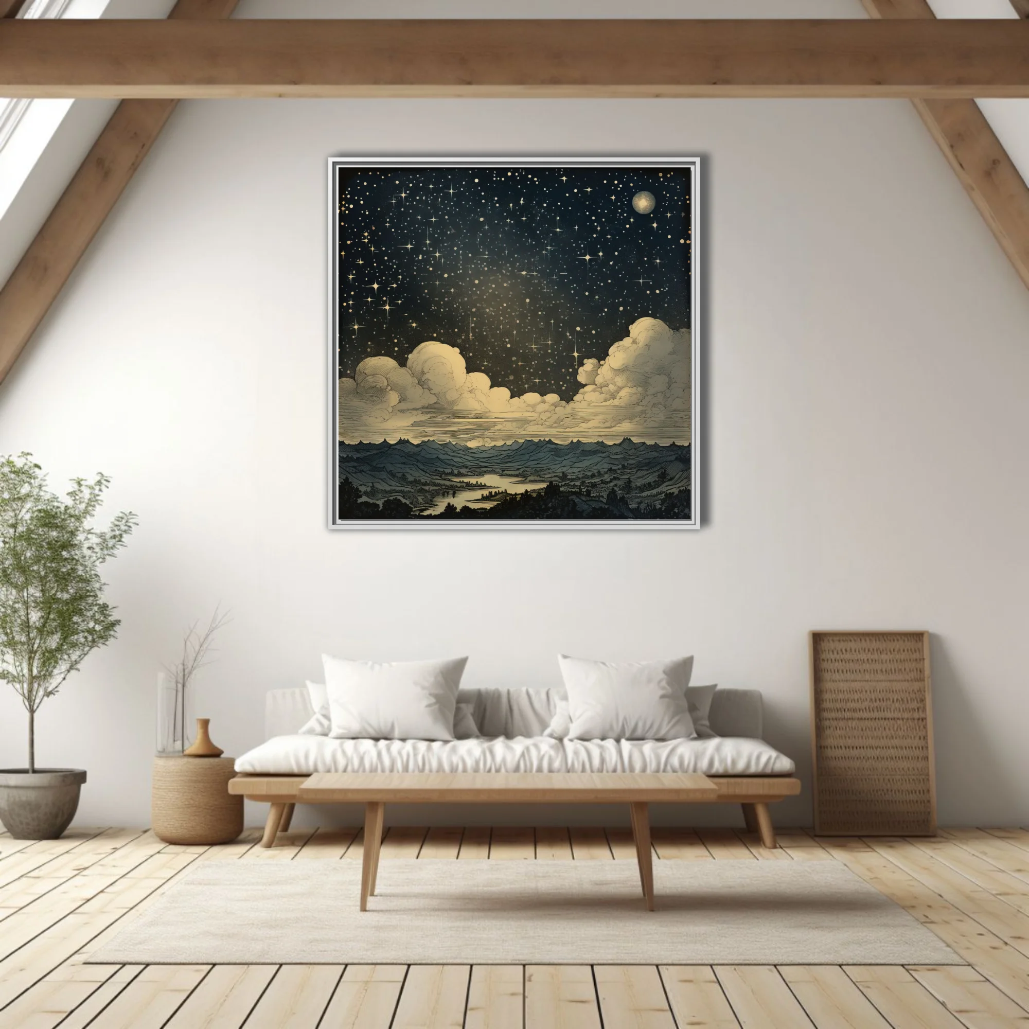 Vintage engraving-style starry night sky with clouds and mountain landscape, deep indigo and gold