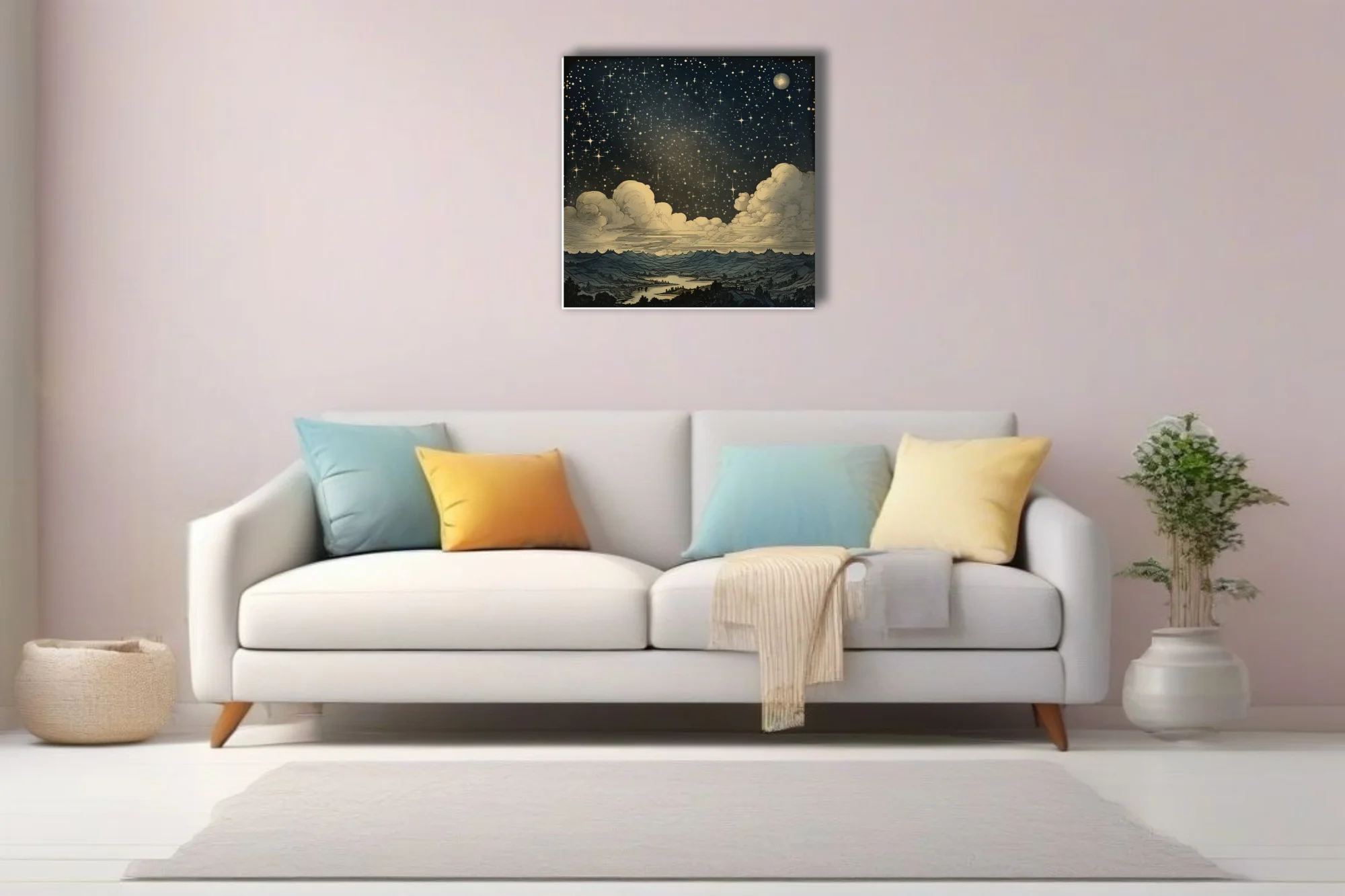 Vintage engraving-style starry night sky with clouds and mountain landscape, deep indigo and gold