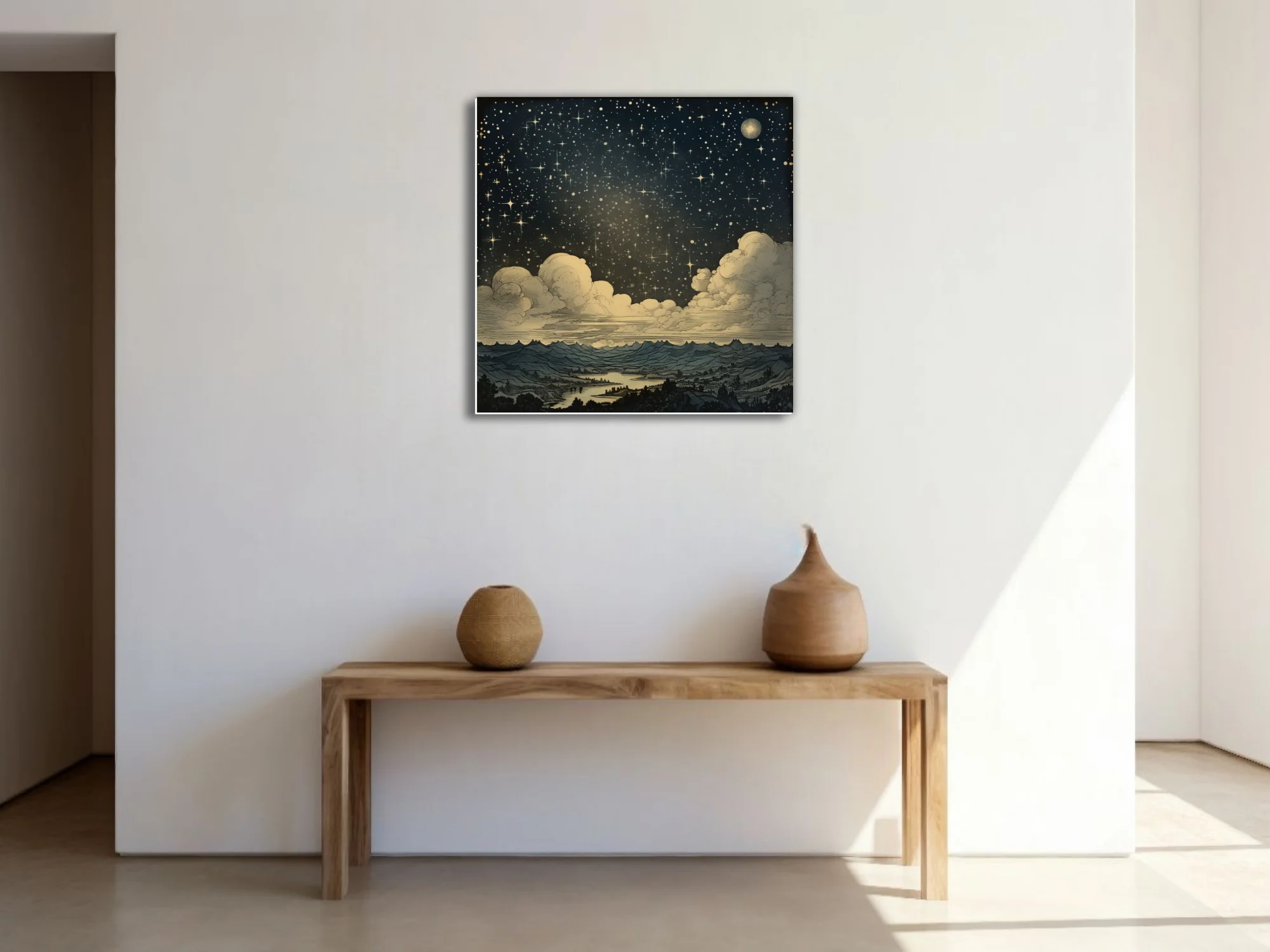 Vintage engraving-style starry night sky with clouds and mountain landscape, deep indigo and gold
