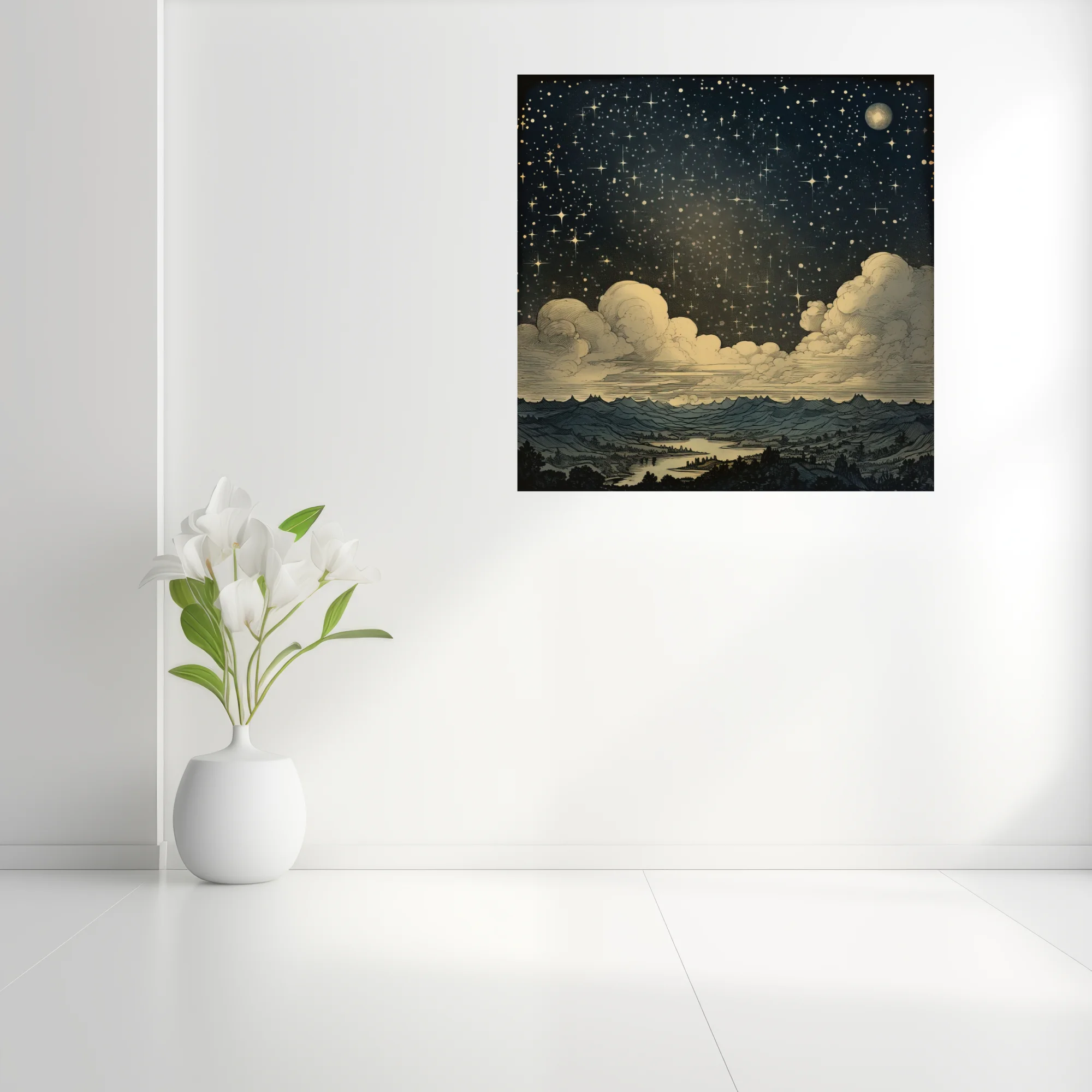 Vintage engraving-style starry night sky with clouds and mountain landscape, deep indigo and gold