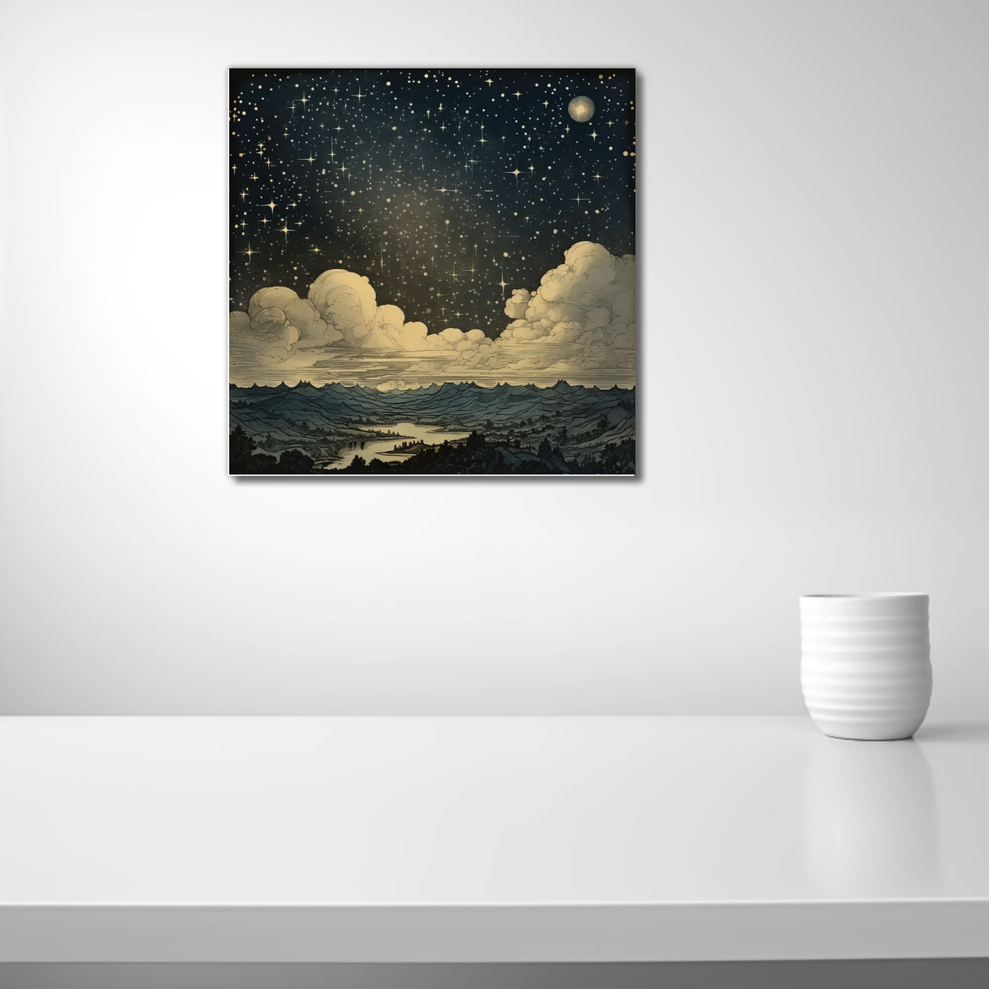 Vintage engraving-style starry night sky with clouds and mountain landscape, deep indigo and gold