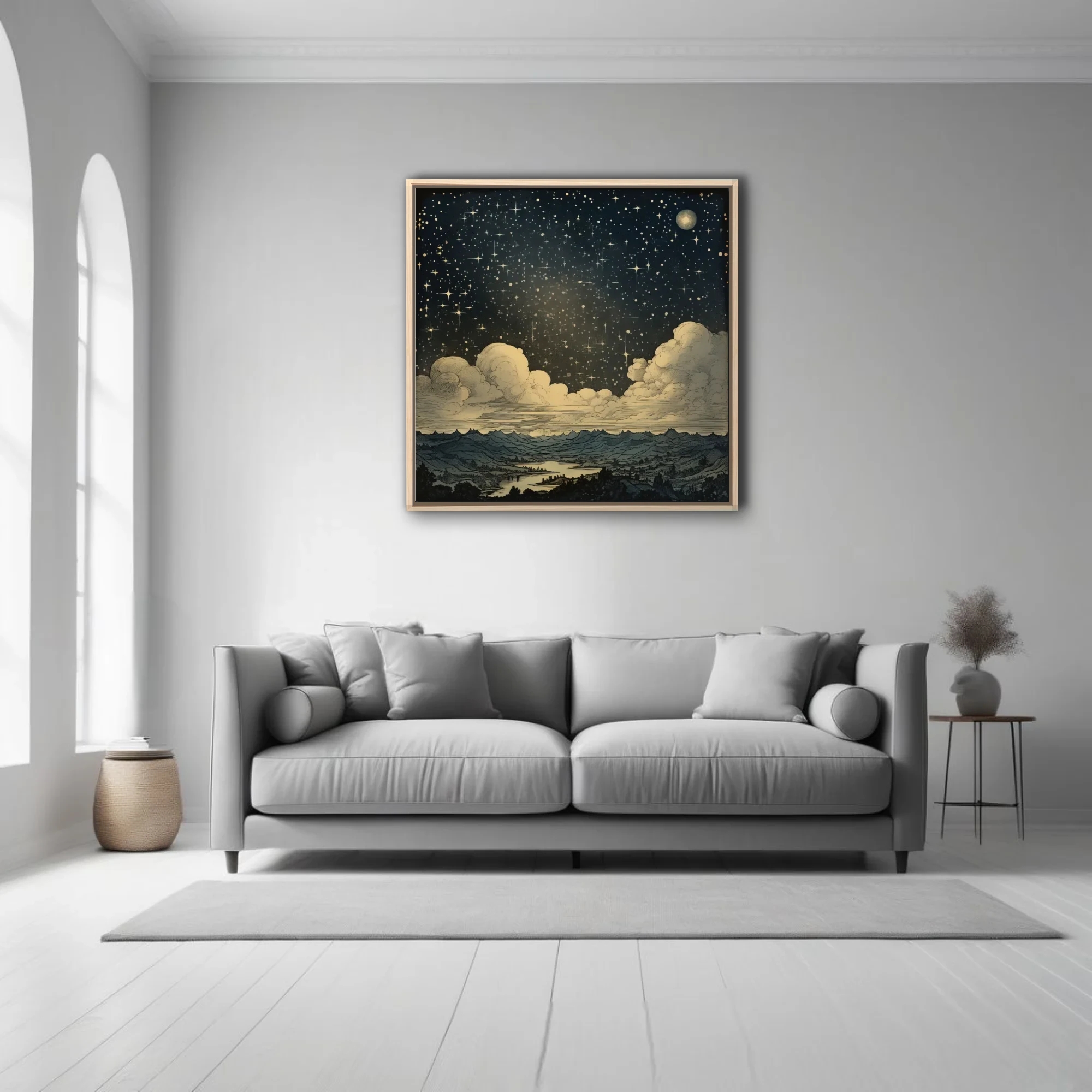 Vintage engraving-style starry night sky with clouds and mountain landscape, deep indigo and gold