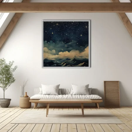 Vintage-style starry night sky illustration with gold stars, clouds, and mountain silhouettes