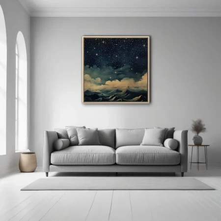 Vintage-style starry night sky illustration with gold stars, clouds, and mountain silhouettes
