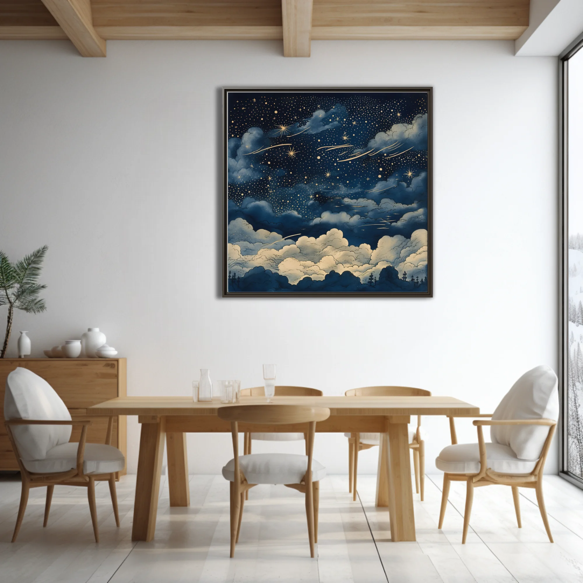 Vintage-style night sky illustration with golden stars, clouds, deep navy palette