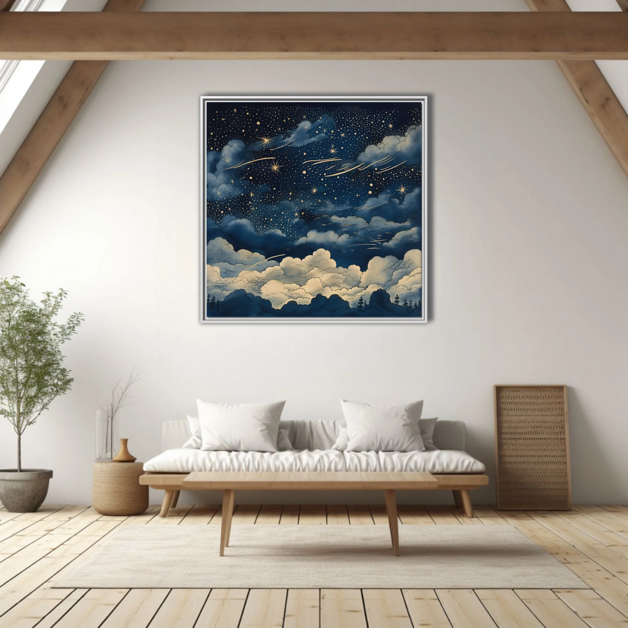 Vintage-style night sky illustration with golden stars, clouds, deep navy palette