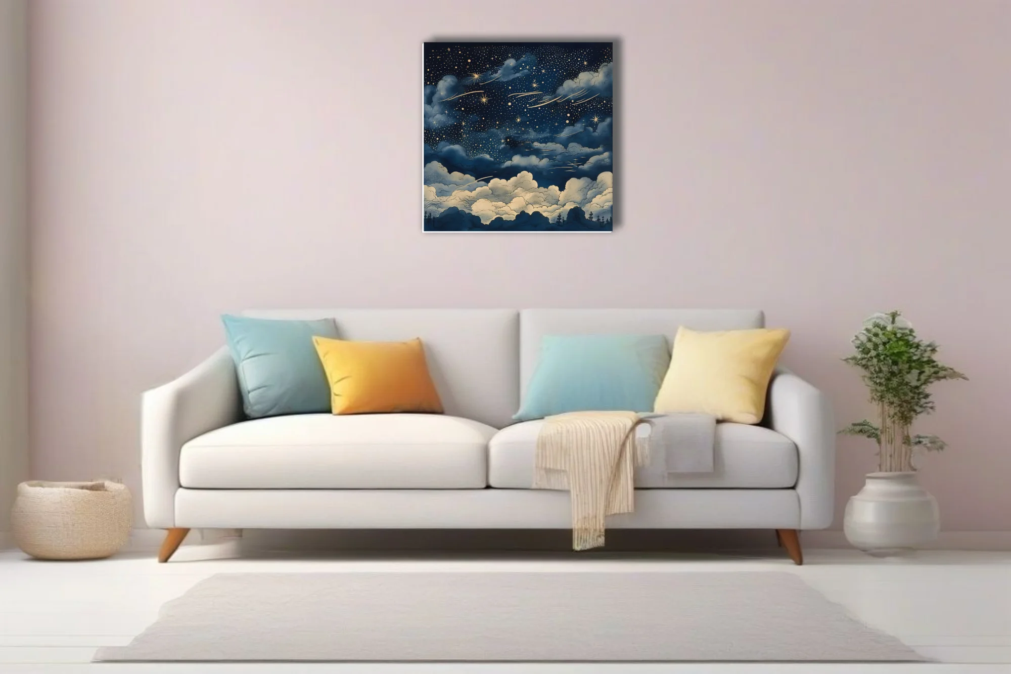 Vintage-style night sky illustration with golden stars, clouds, deep navy palette