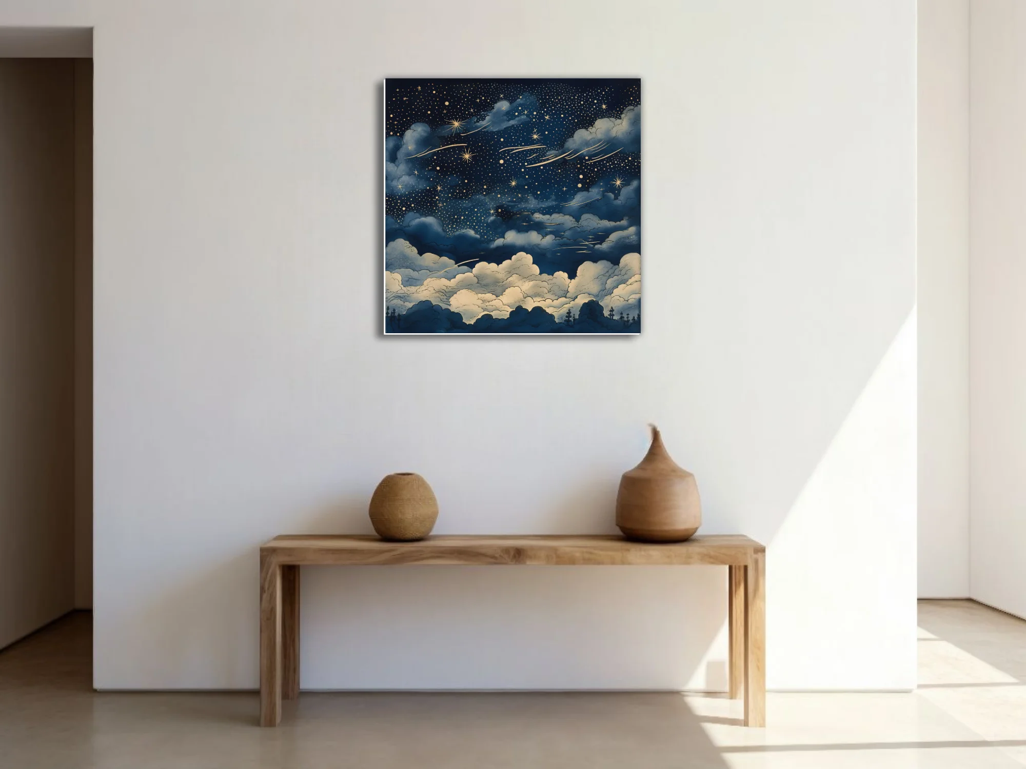 Vintage-style night sky illustration with golden stars, clouds, deep navy palette