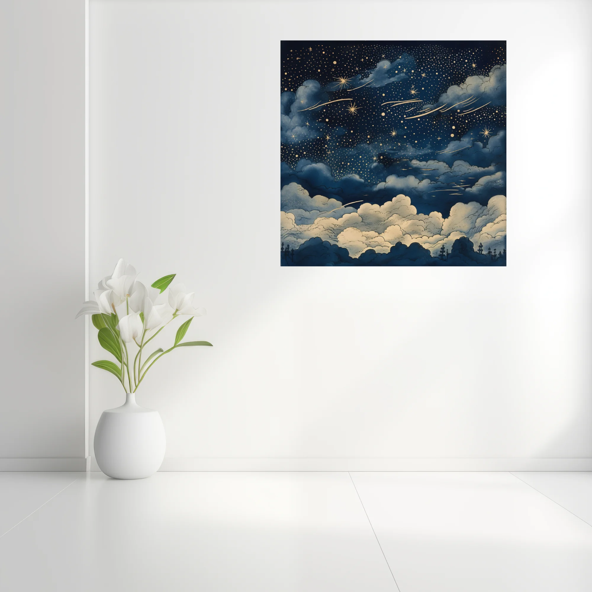 Vintage-style night sky illustration with golden stars, clouds, deep navy palette