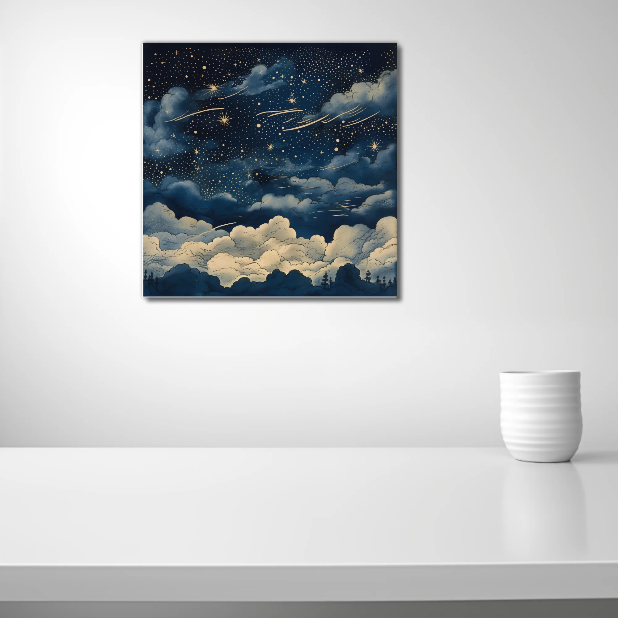 Vintage-style night sky illustration with golden stars, clouds, deep navy palette