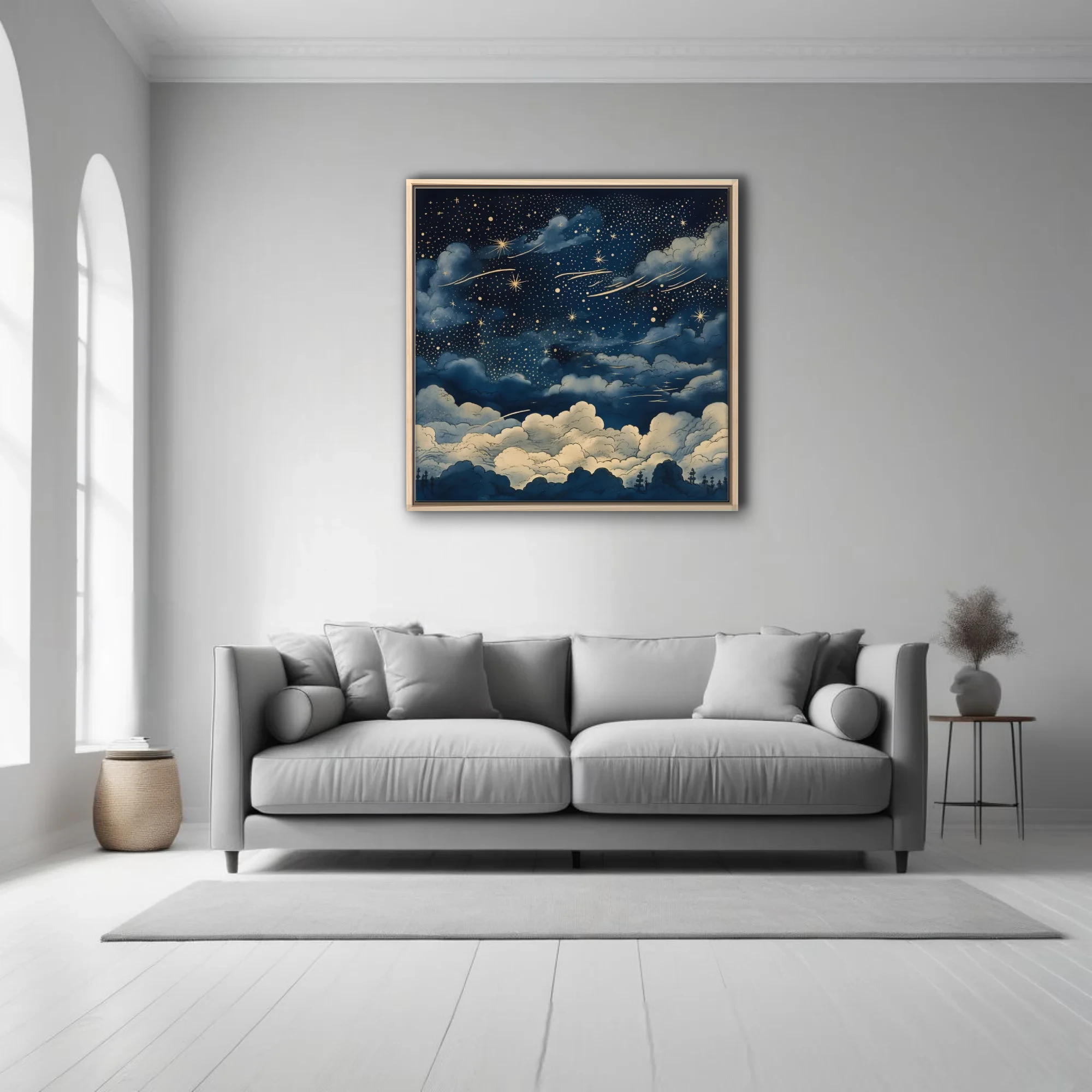 Vintage-style night sky illustration with golden stars, clouds, deep navy palette