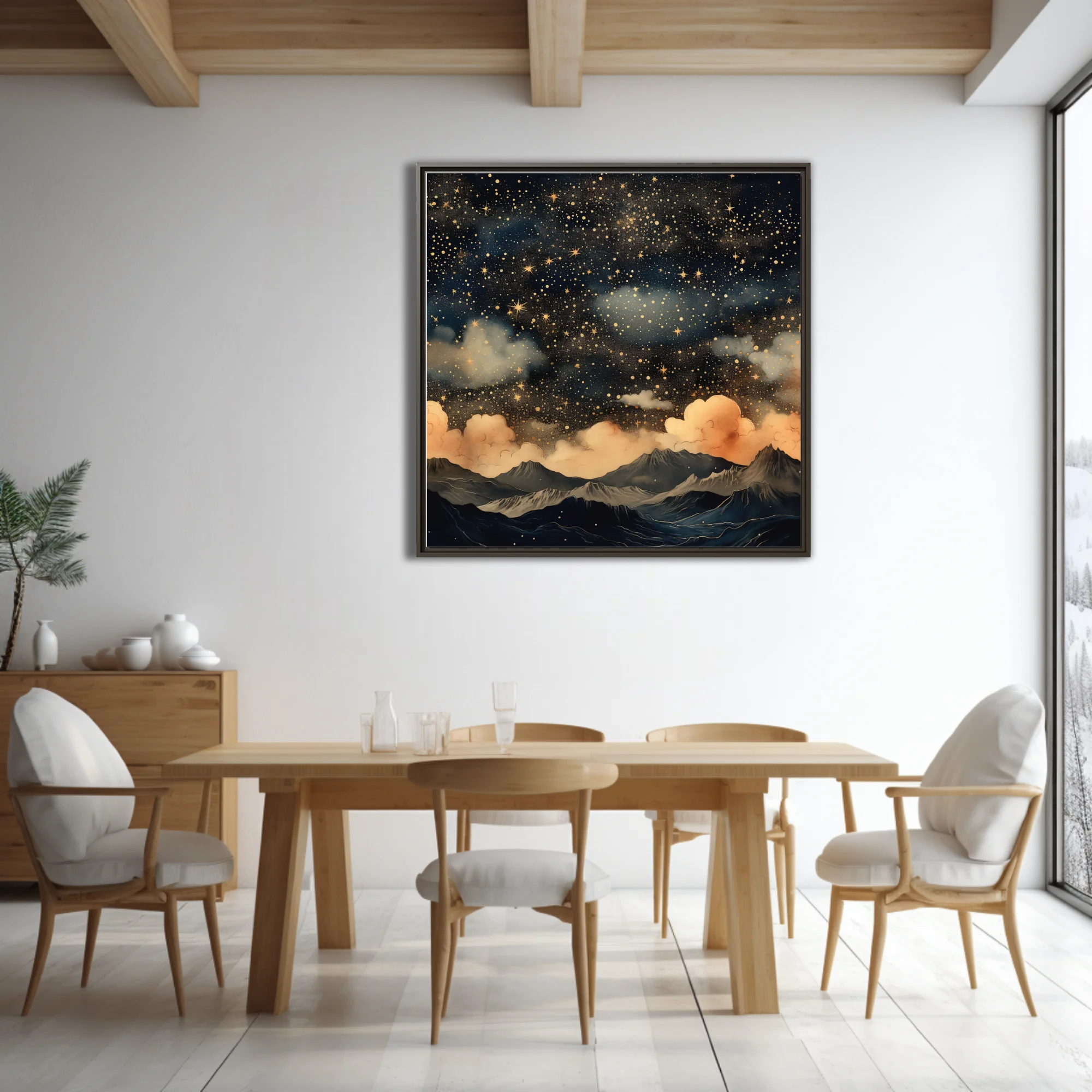 Illustrated fantasy night sky with golden stars, clouds, and mountain landscape in navy and gold
