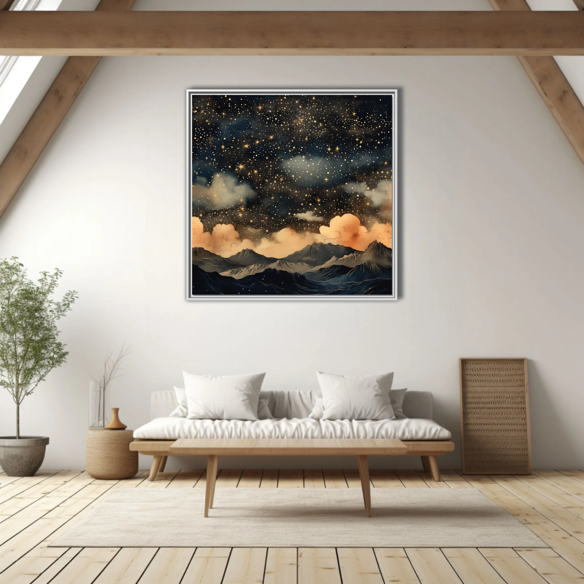 Illustrated fantasy night sky with golden stars, clouds, and mountain landscape in navy and gold