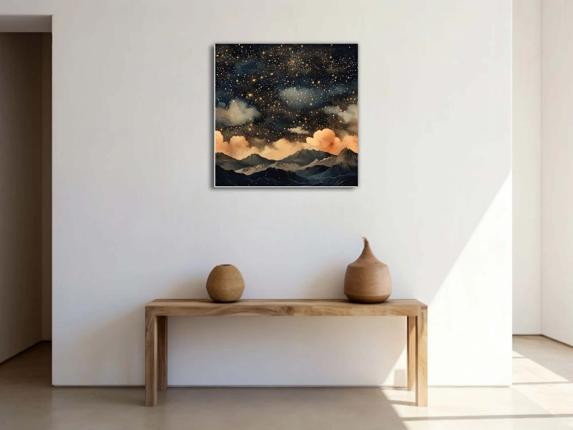 Illustrated fantasy night sky with golden stars, clouds, and mountain landscape in navy and gold