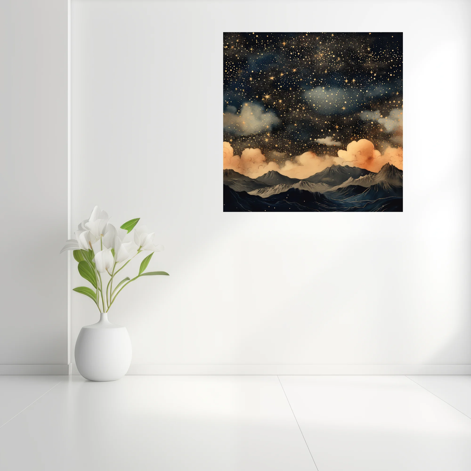 Illustrated fantasy night sky with golden stars, clouds, and mountain landscape in navy and gold
