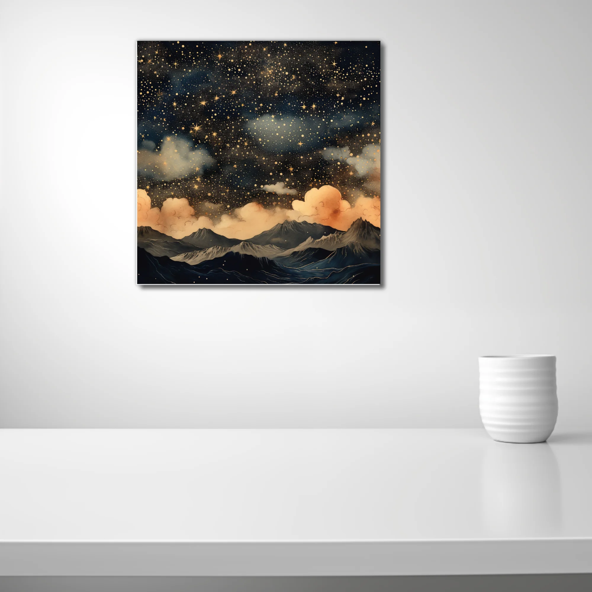 Illustrated fantasy night sky with golden stars, clouds, and mountain landscape in navy and gold