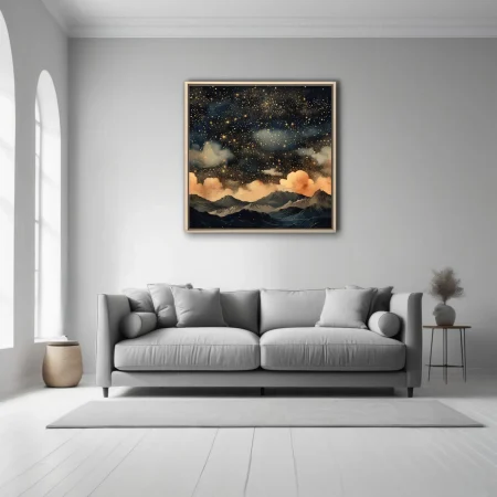 Illustrated fantasy night sky with golden stars, clouds, and mountain landscape in navy and gold