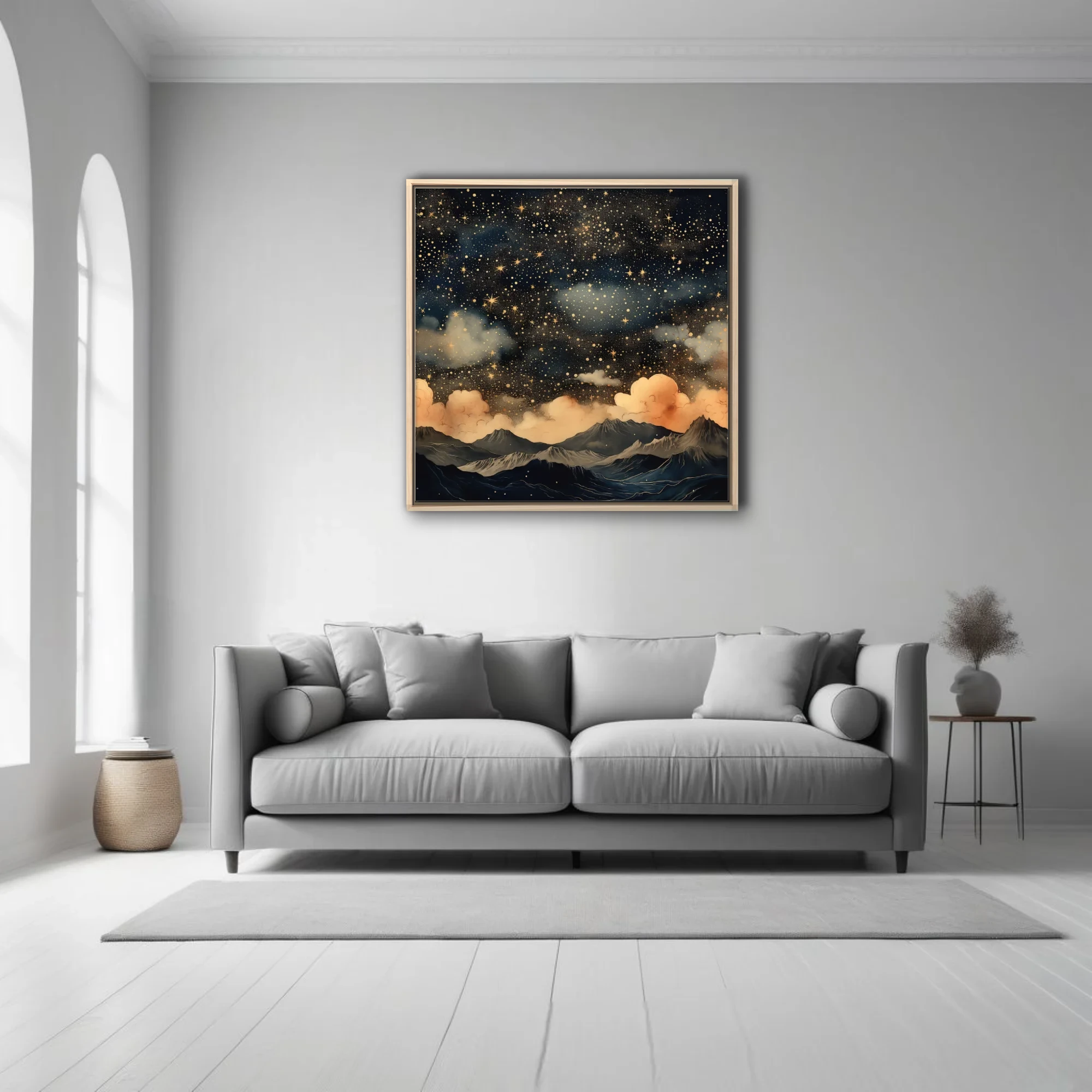 Illustrated fantasy night sky with golden stars, clouds, and mountain landscape in navy and gold