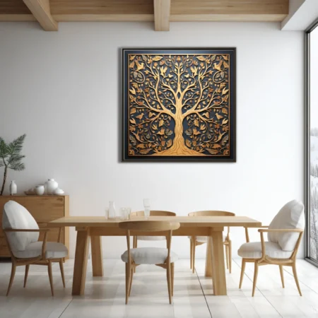 Decorative tree of life wood-carved style, golden amber on deep blue