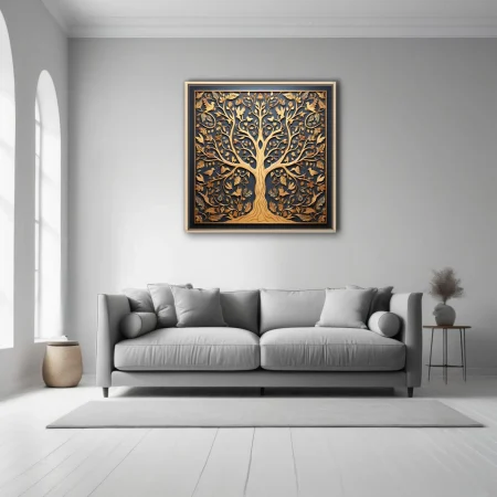 Decorative tree of life wood-carved style, golden amber on deep blue