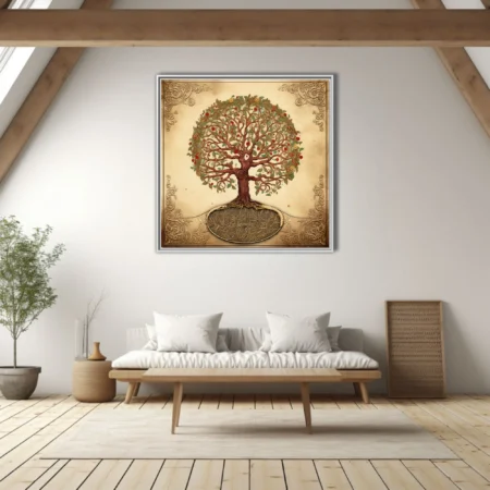 Vintage illuminated tree of life with Celtic borders, red fruits, parchment tones