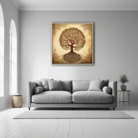 Vintage illuminated tree of life with Celtic borders, red fruits, parchment tones