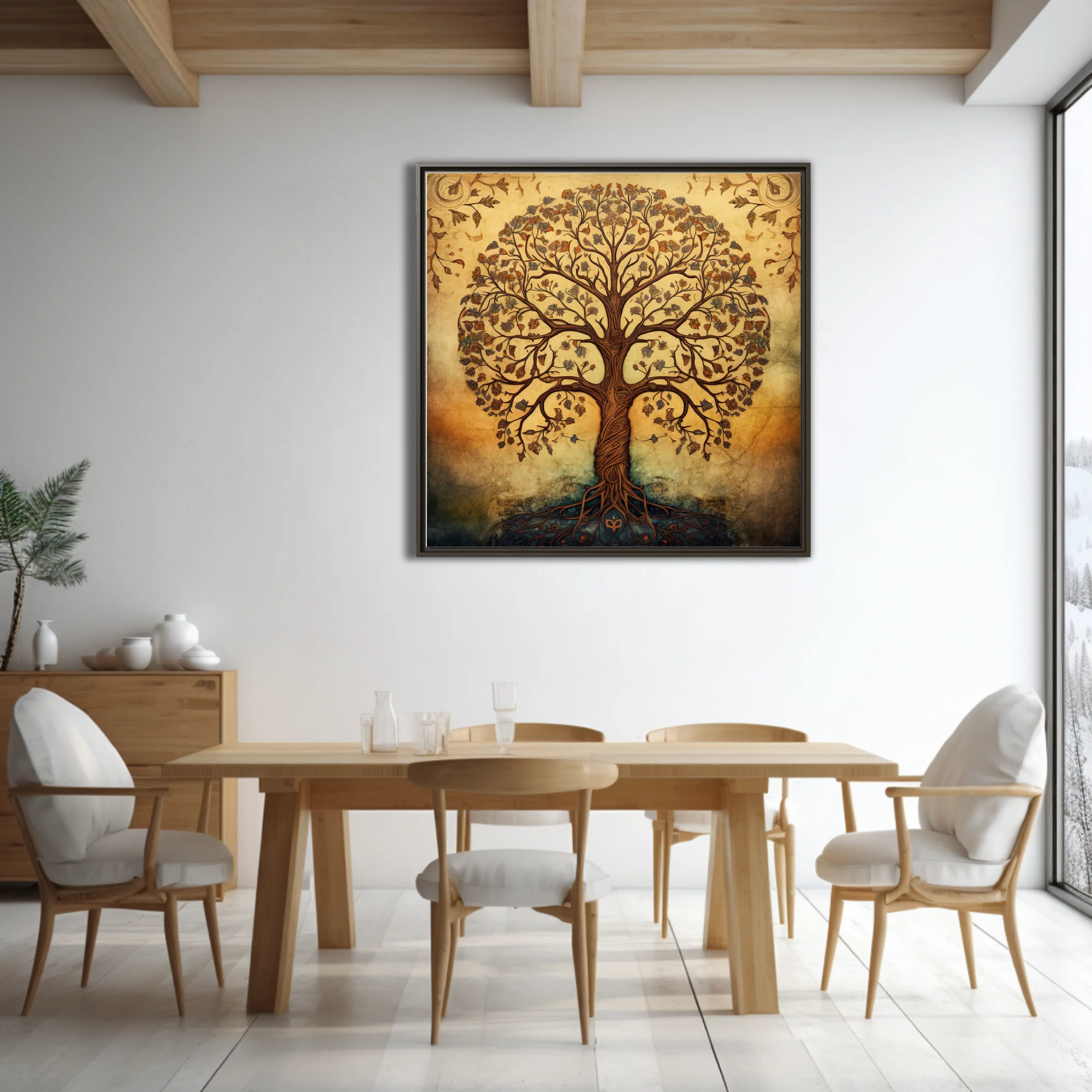 Folk art tree of life illustration, warm amber tones, ornate botanical linework