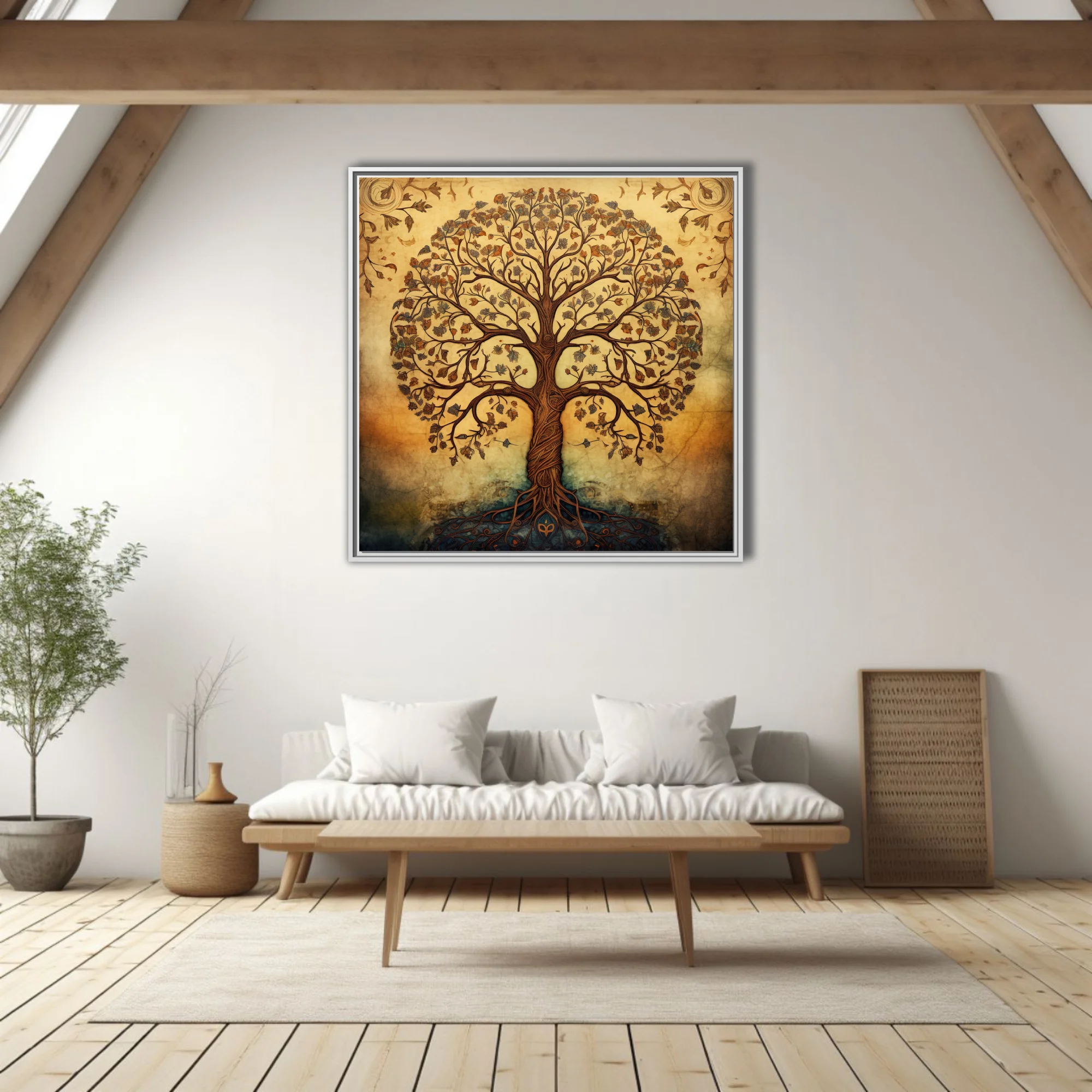 Folk art tree of life illustration, warm amber tones, ornate botanical linework