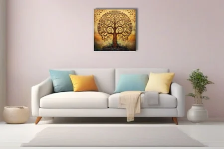 Folk art tree of life illustration, warm amber tones, ornate botanical linework