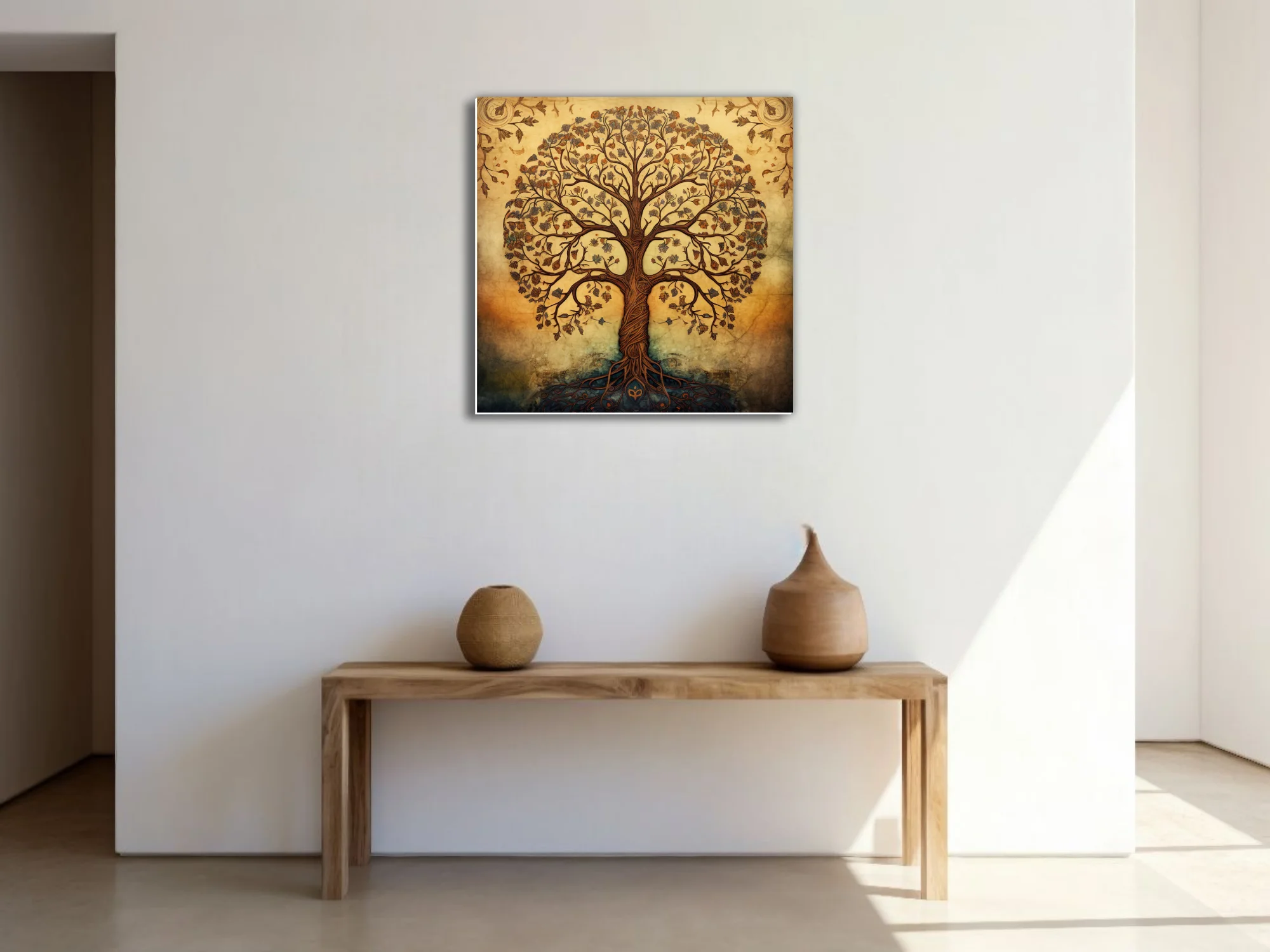 Folk art tree of life illustration, warm amber tones, ornate botanical linework