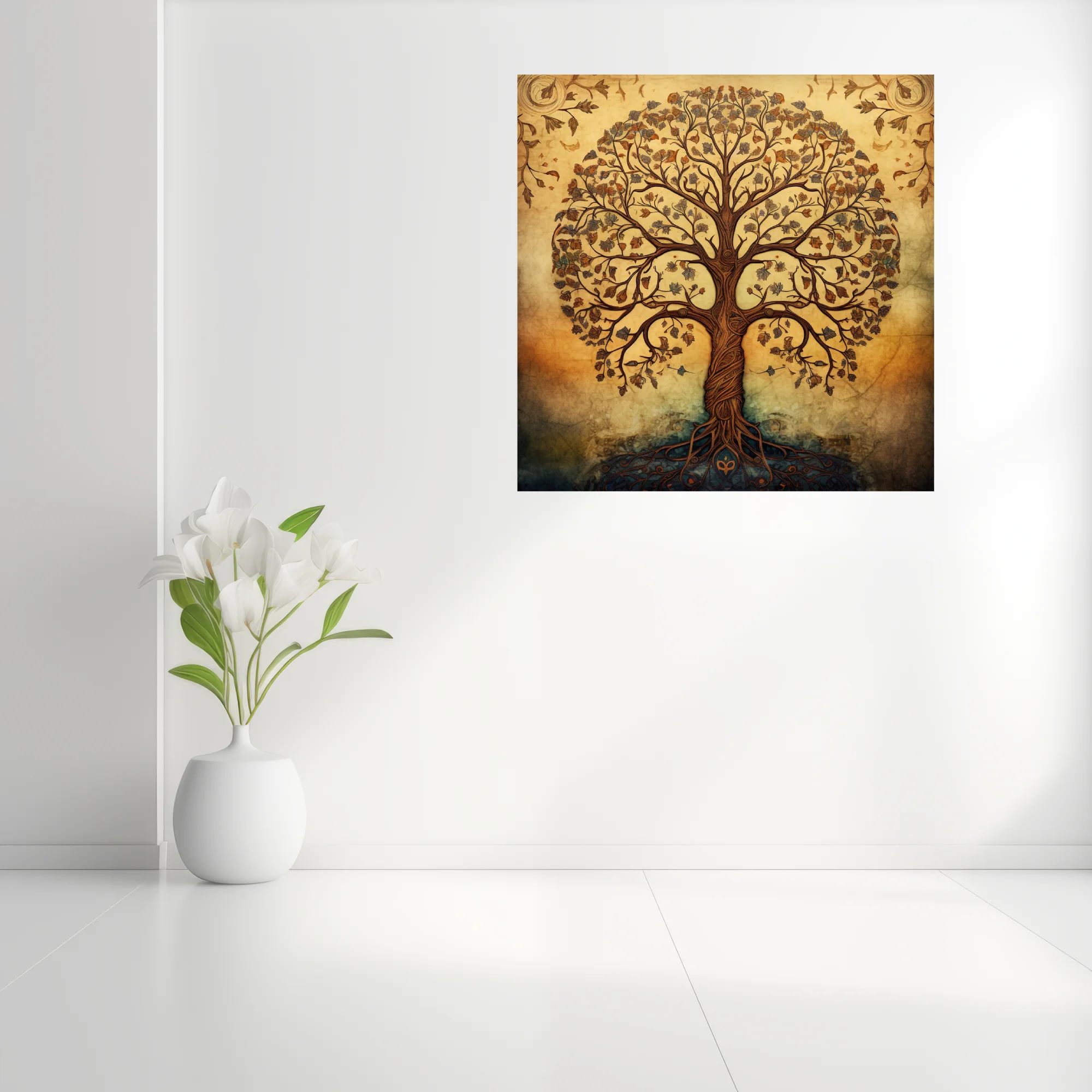 Folk art tree of life illustration, warm amber tones, ornate botanical linework