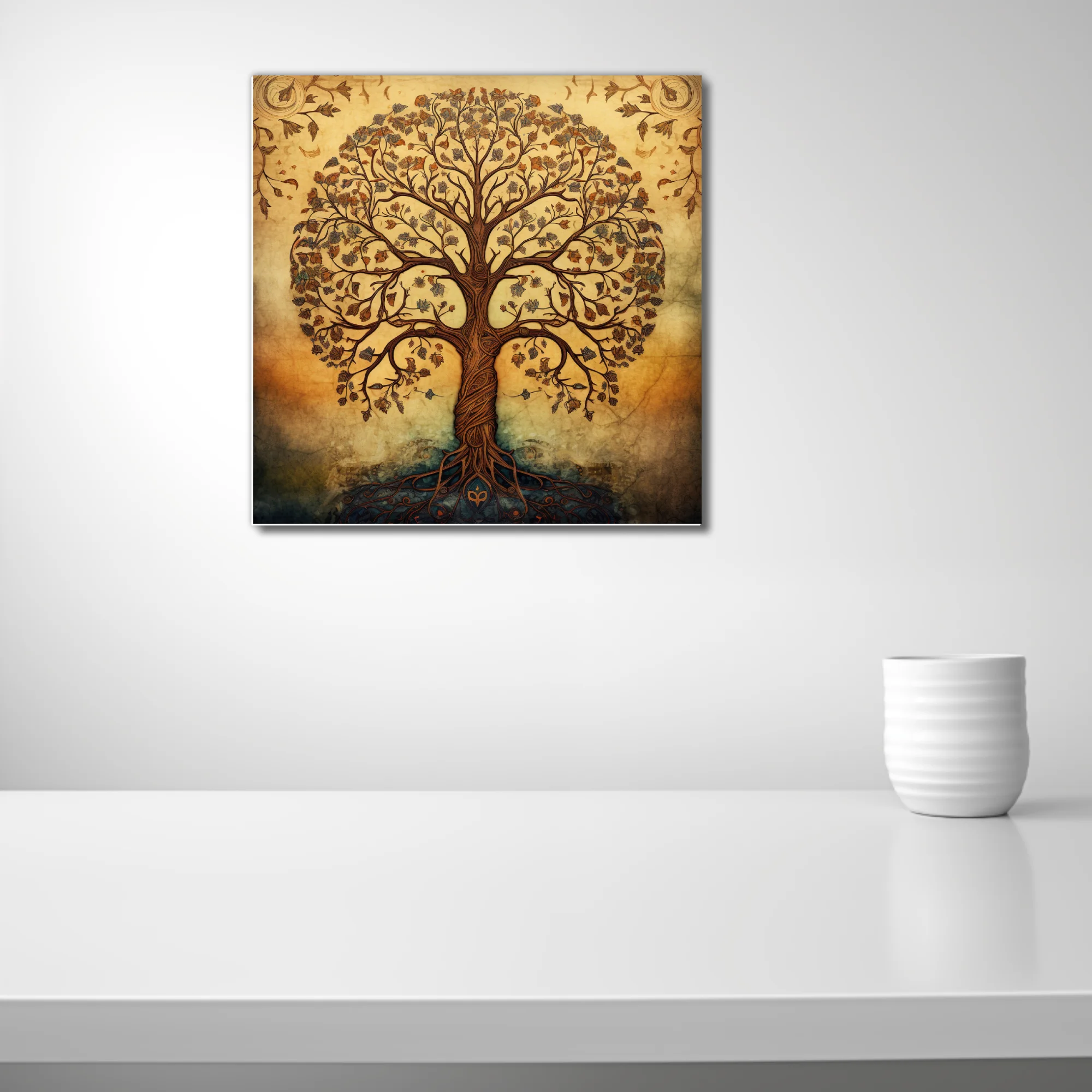 Folk art tree of life illustration, warm amber tones, ornate botanical linework
