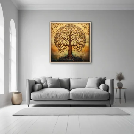 Folk art tree of life illustration, warm amber tones, ornate botanical linework