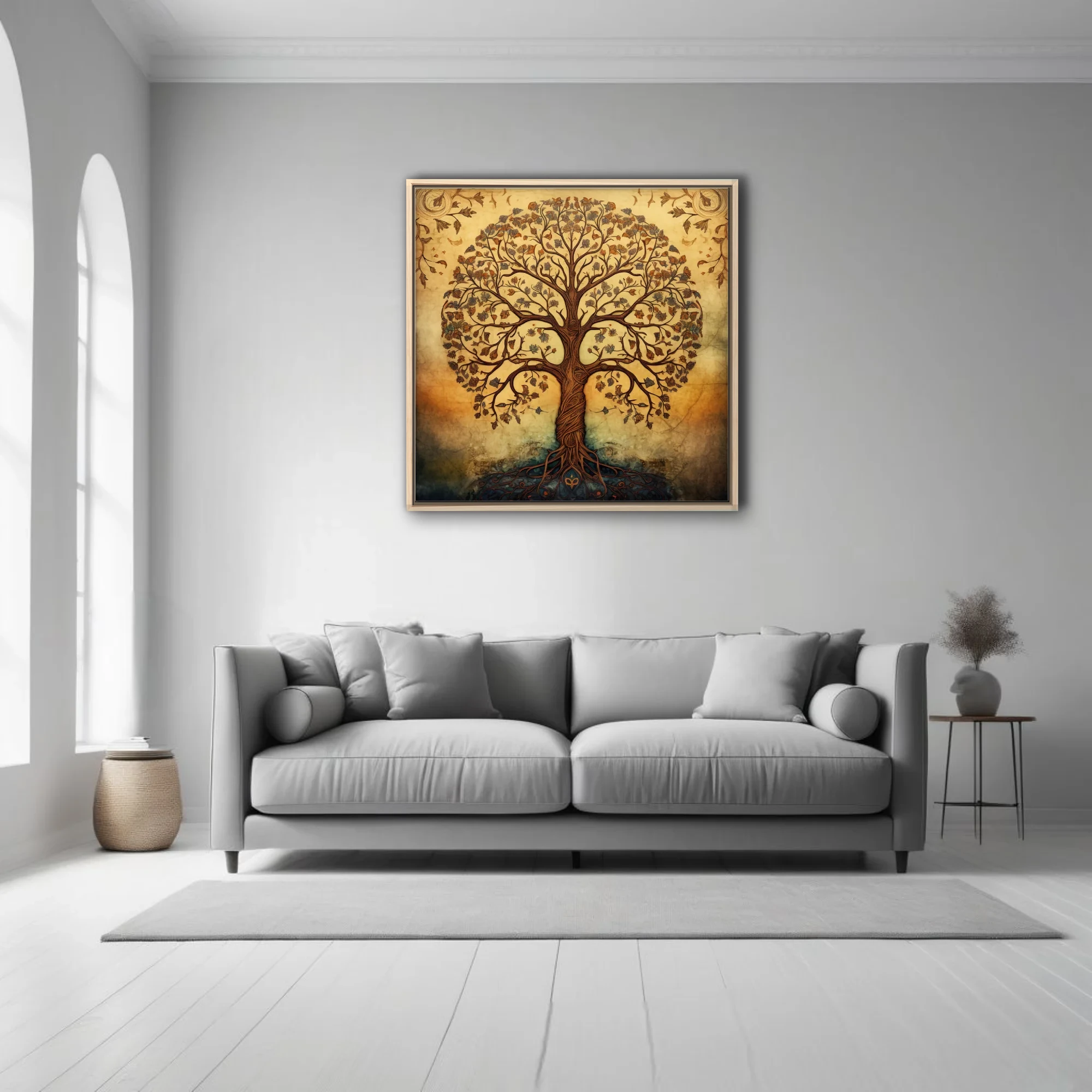 Folk art tree of life illustration, warm amber tones, ornate botanical linework