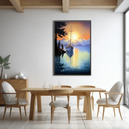 Mid-century poster-style sailboat at sunset with glowing reflections on calm water