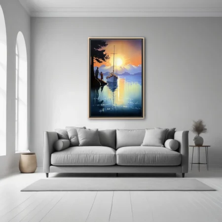 Mid-century poster-style sailboat at sunset with glowing reflections on calm water