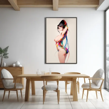 Stylized nude figure study with vibrant multicolored ribbon forms, clean linework