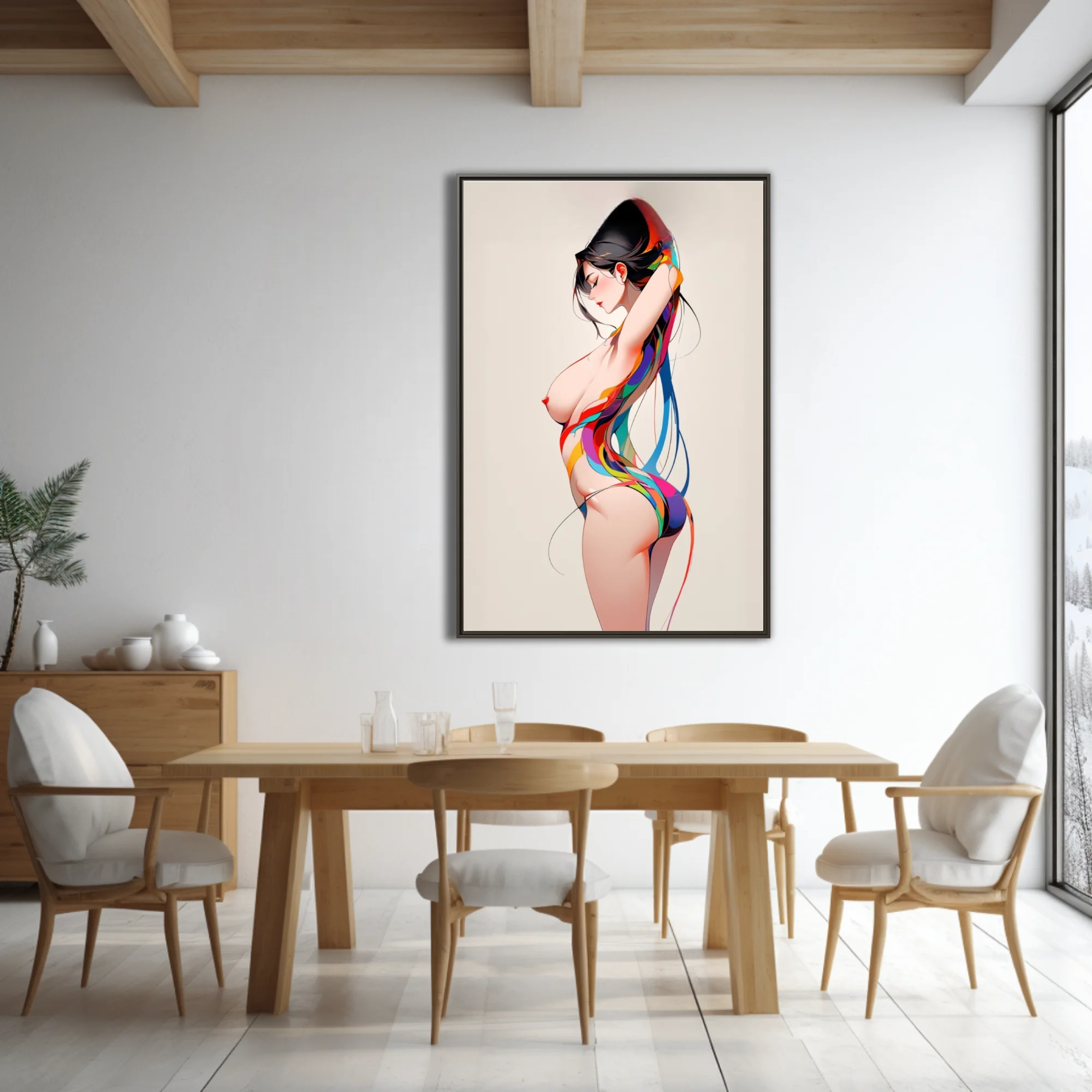 Stylized nude figure study with vibrant multicolored ribbon forms, clean linework