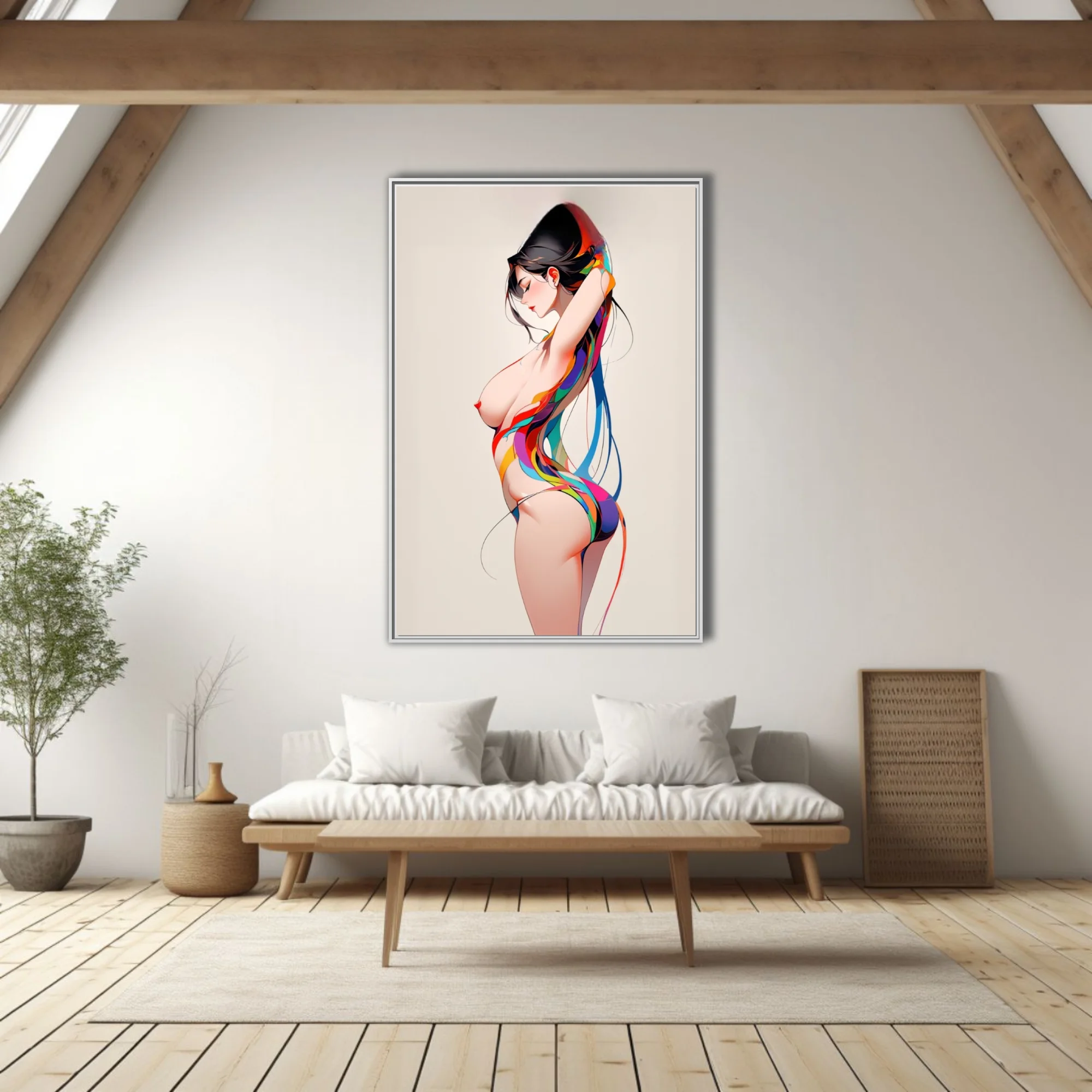 Stylized nude figure study with vibrant multicolored ribbon forms, clean linework