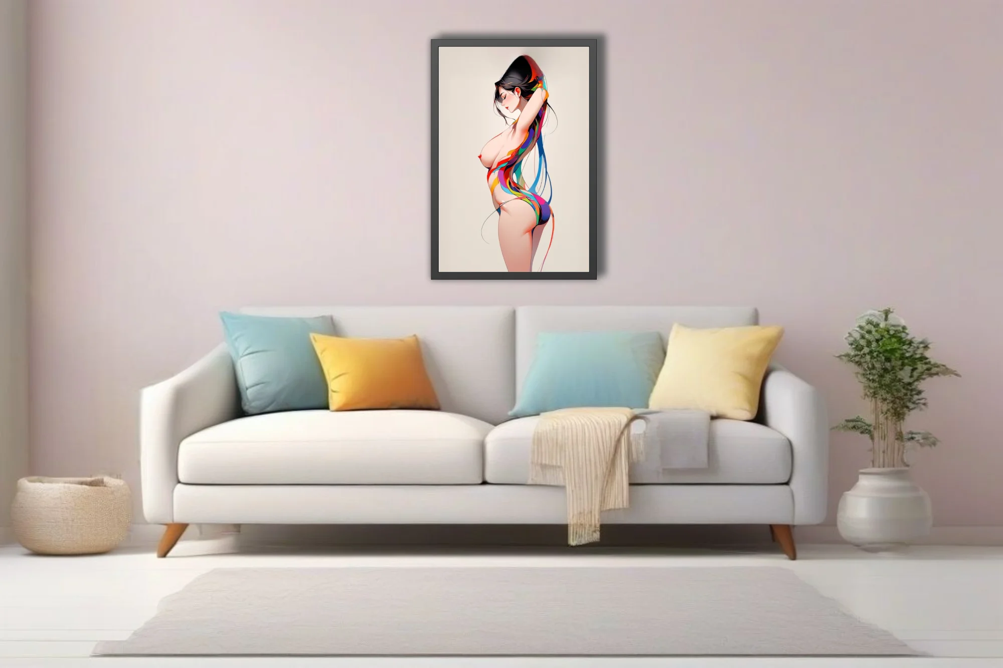 Stylized nude figure study with vibrant multicolored ribbon forms, clean linework