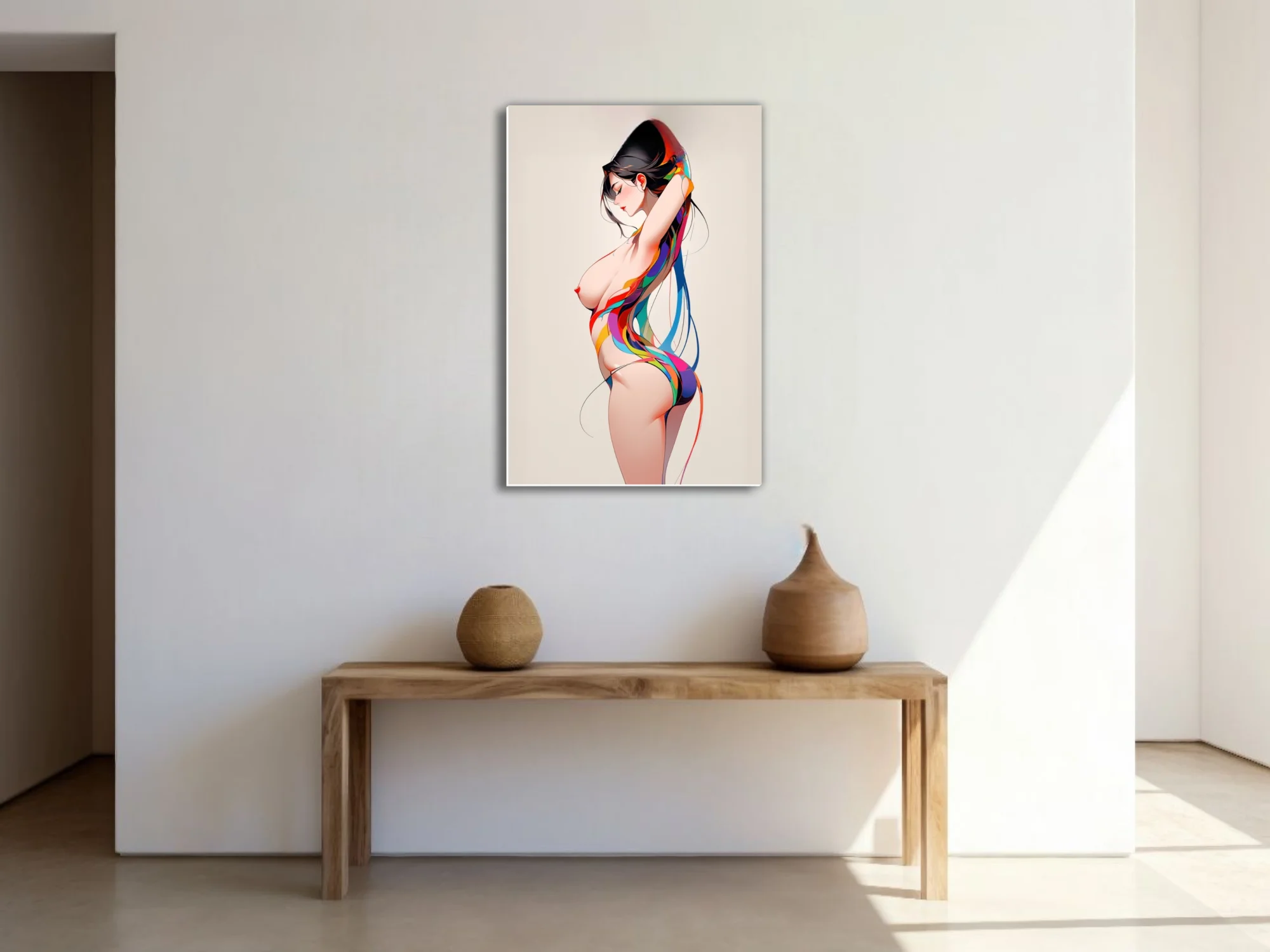 Stylized nude figure study with vibrant multicolored ribbon forms, clean linework