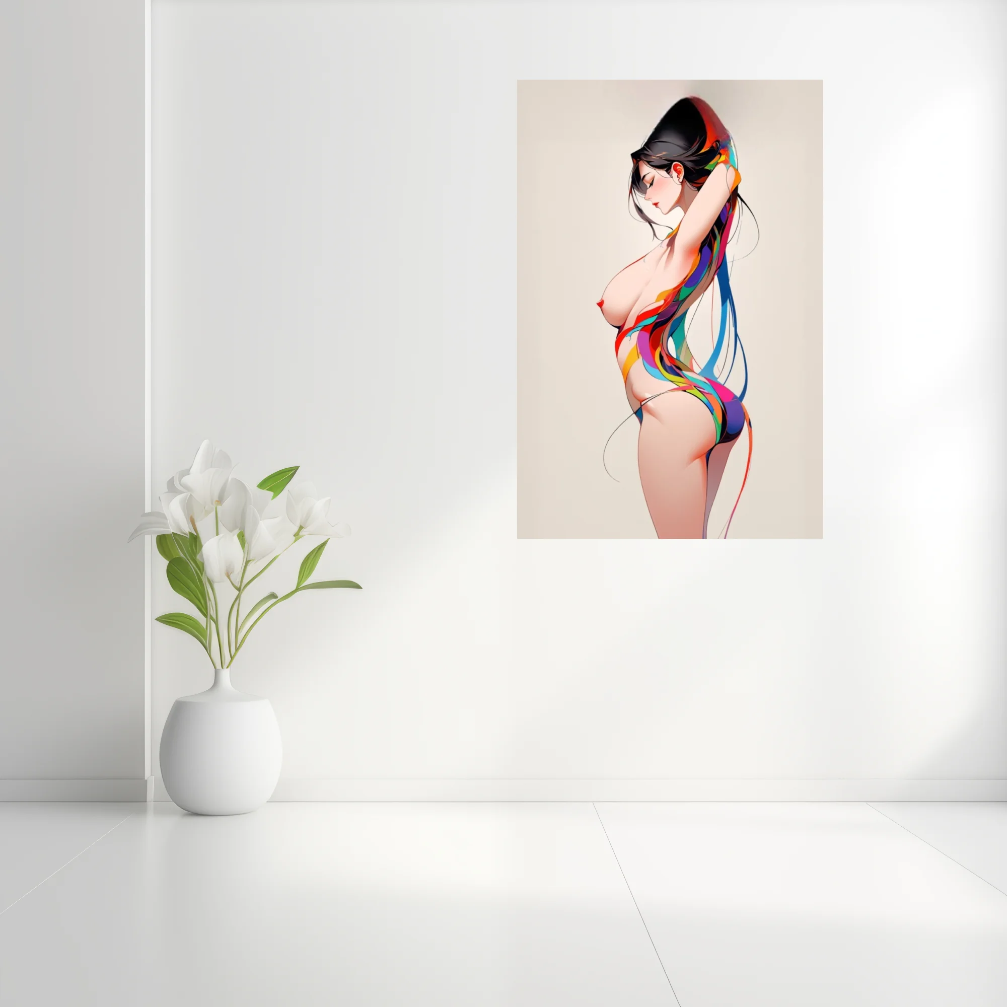 Stylized nude figure study with vibrant multicolored ribbon forms, clean linework
