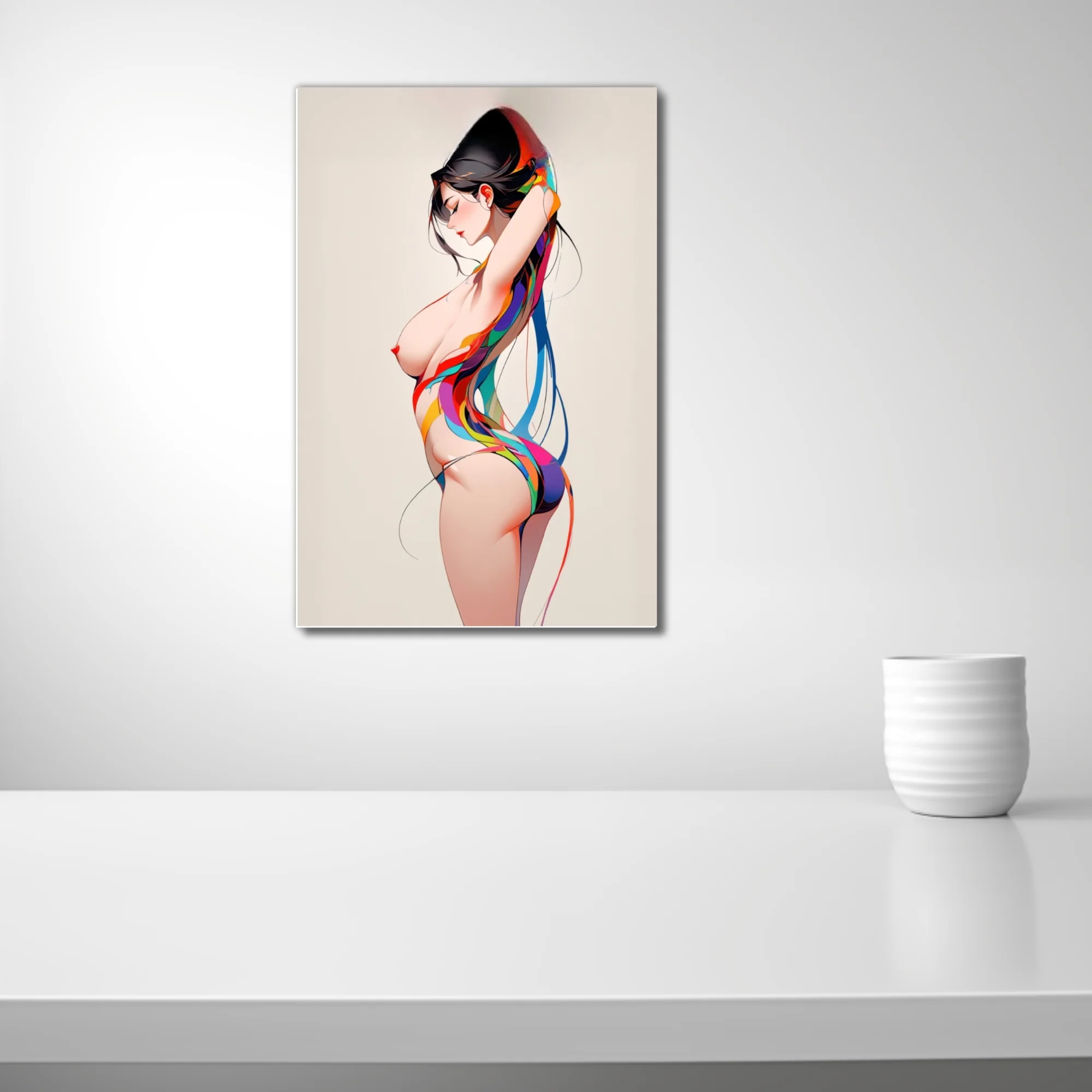 Stylized nude figure study with vibrant multicolored ribbon forms, clean linework