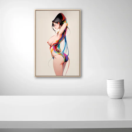 Stylized nude figure study with vibrant multicolored ribbon forms, clean linework