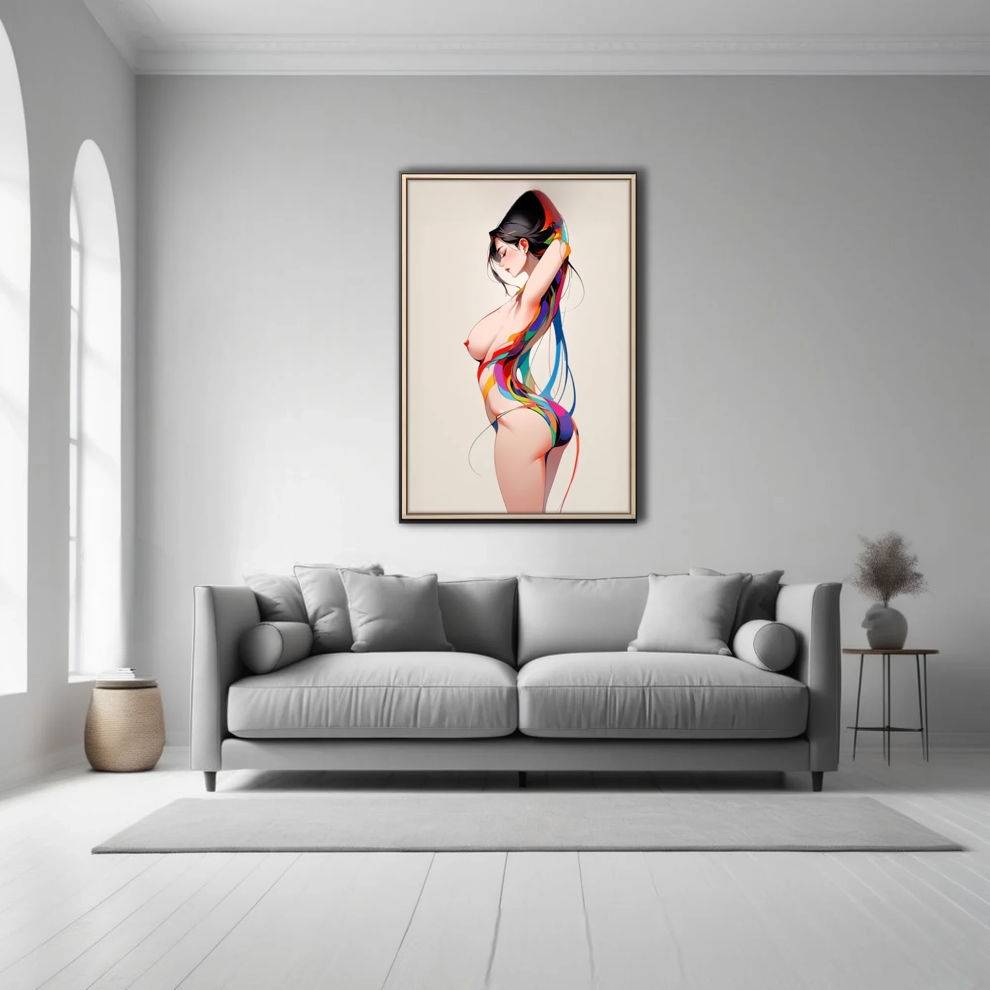 Stylized nude figure study with vibrant multicolored ribbon forms, clean linework